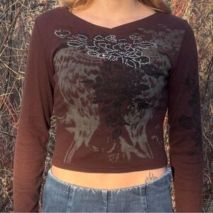 Brown Graphic Crop Long Sleeve Tee